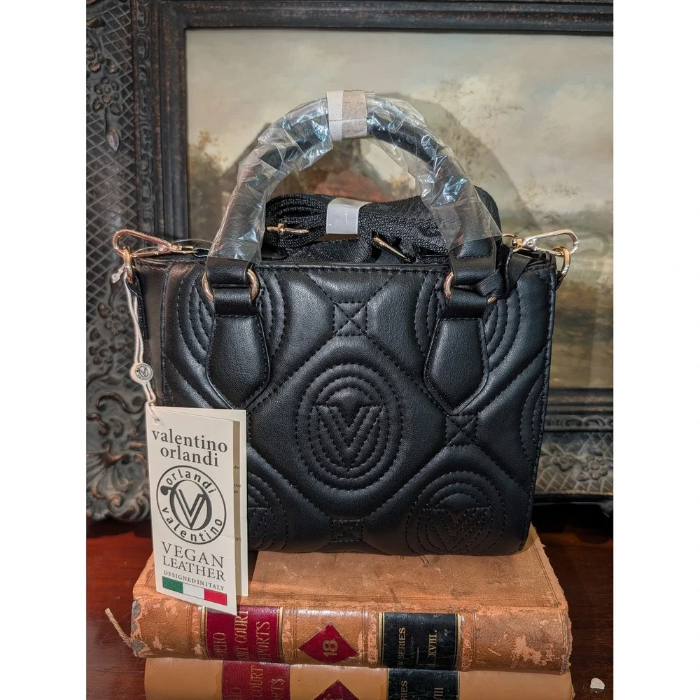 Valentino Orlandi Black Vegan Leather Quilted Satchel Crossbody Bag NWT